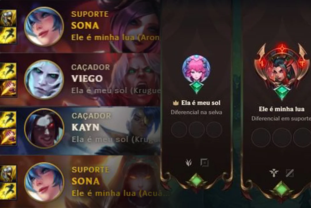 Tela de seleção de campeões do League of Legends com os títulos “Ela é meu sol” e “Ele é minha lua”