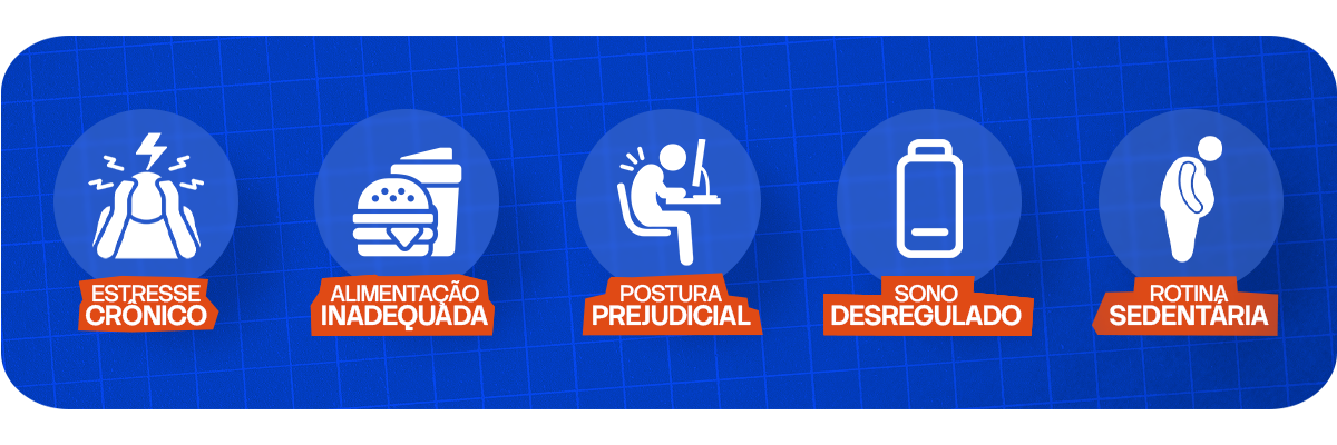 Cinco fatores de atenção: estresse crônico, alimentação inadequada, postura prejudicial, sono desregulado e rotina sedentária